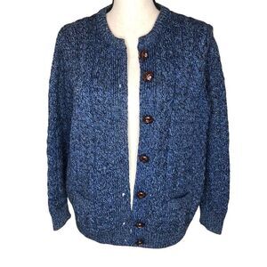 Vtg Carraig Donn Aran Marled Blue Mixed Knit Cardigan Sweater Sz M Cable/Ireland